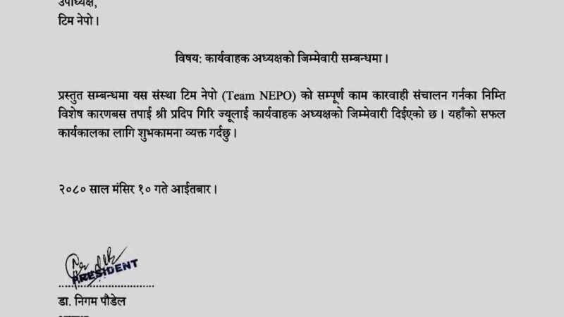 टिम नेपो : कार्यवाहक अध्यक्षको जिम्मेवारी प्रदिप गिरिलाई